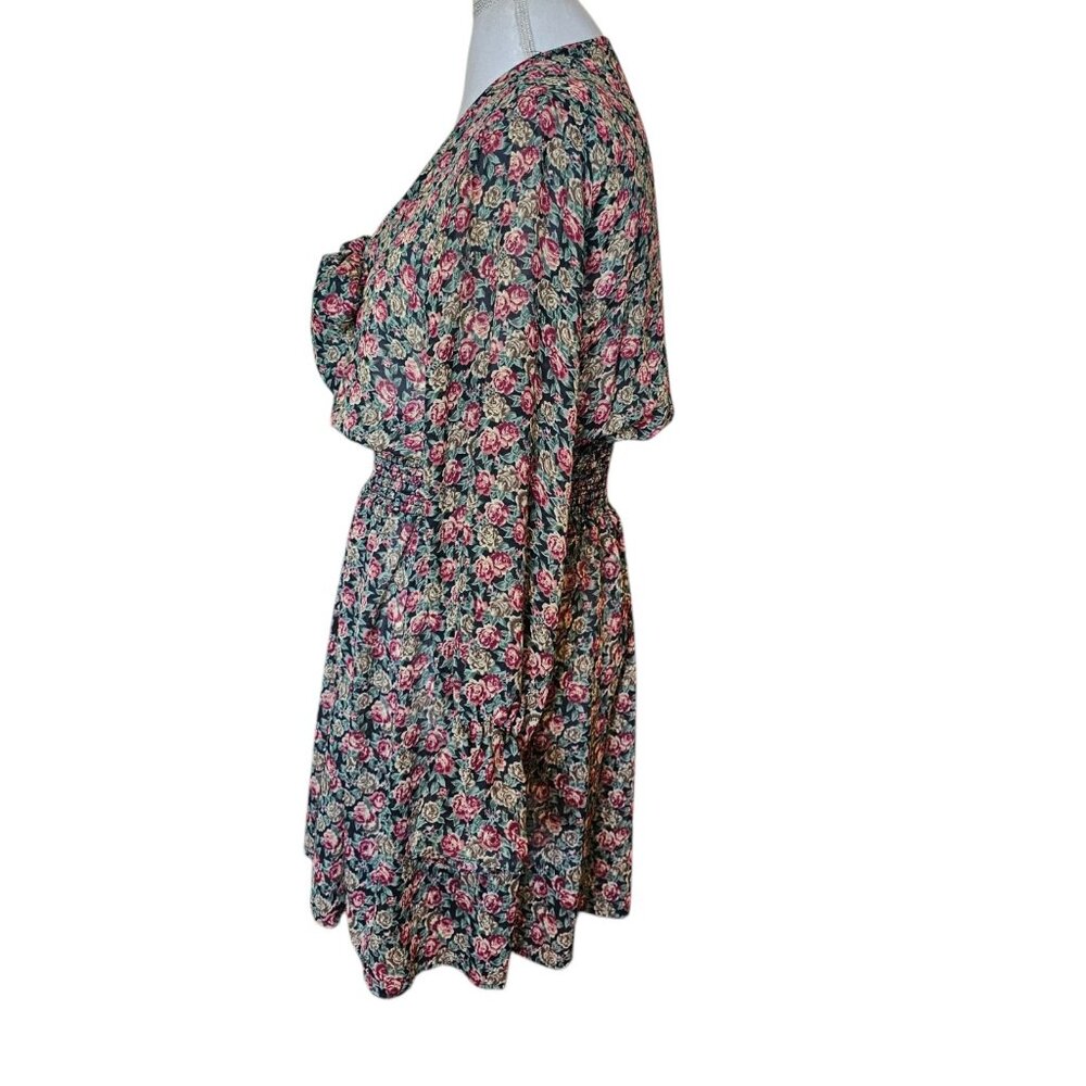 90s Smocked Dark Floral Dress Boho Chiffon Blouson Smocked Sz S Long Sleeve - Picture 7 of 10